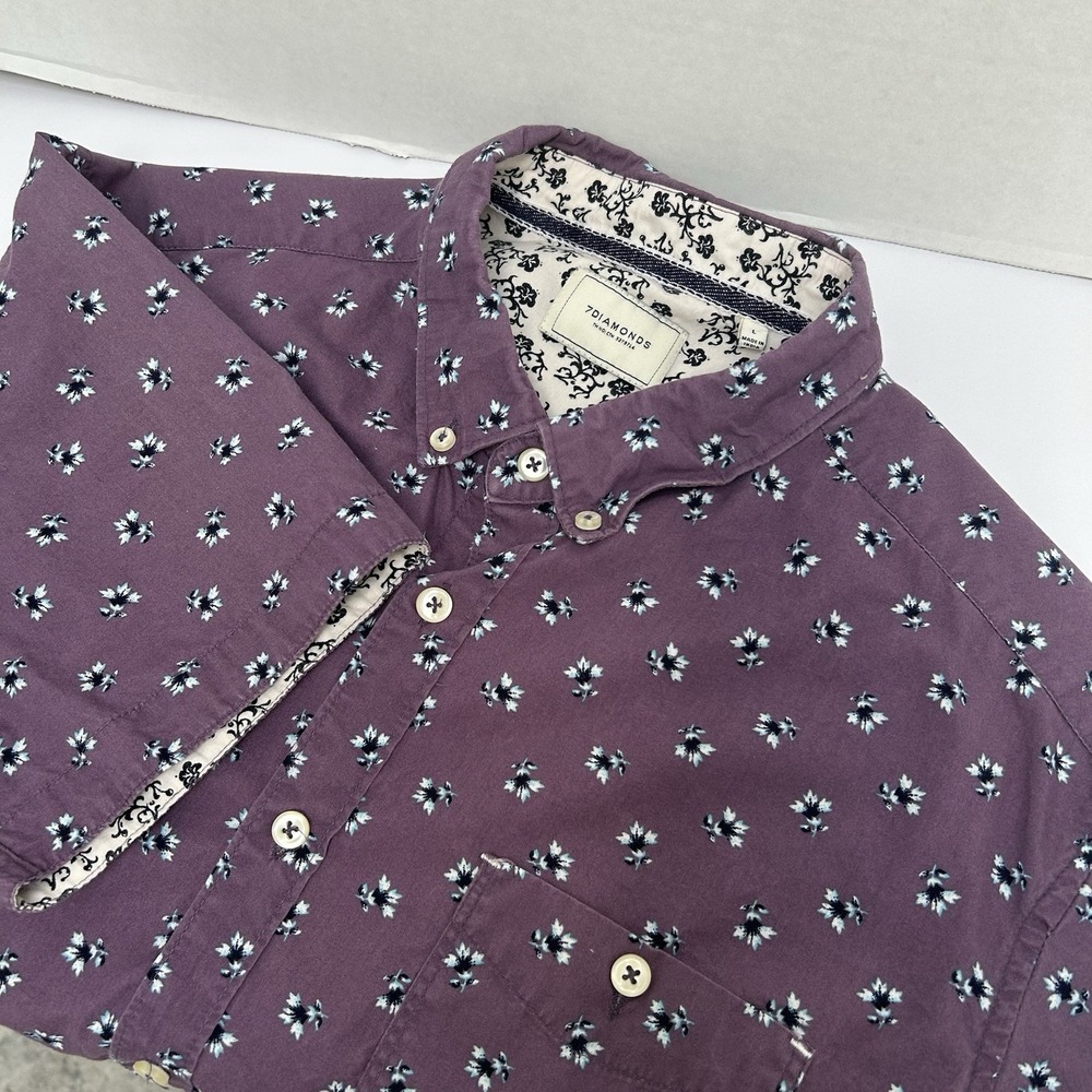 7 Diamonds Purple Floral Print Short Sleeved Shirt 100% Cotton Size Large